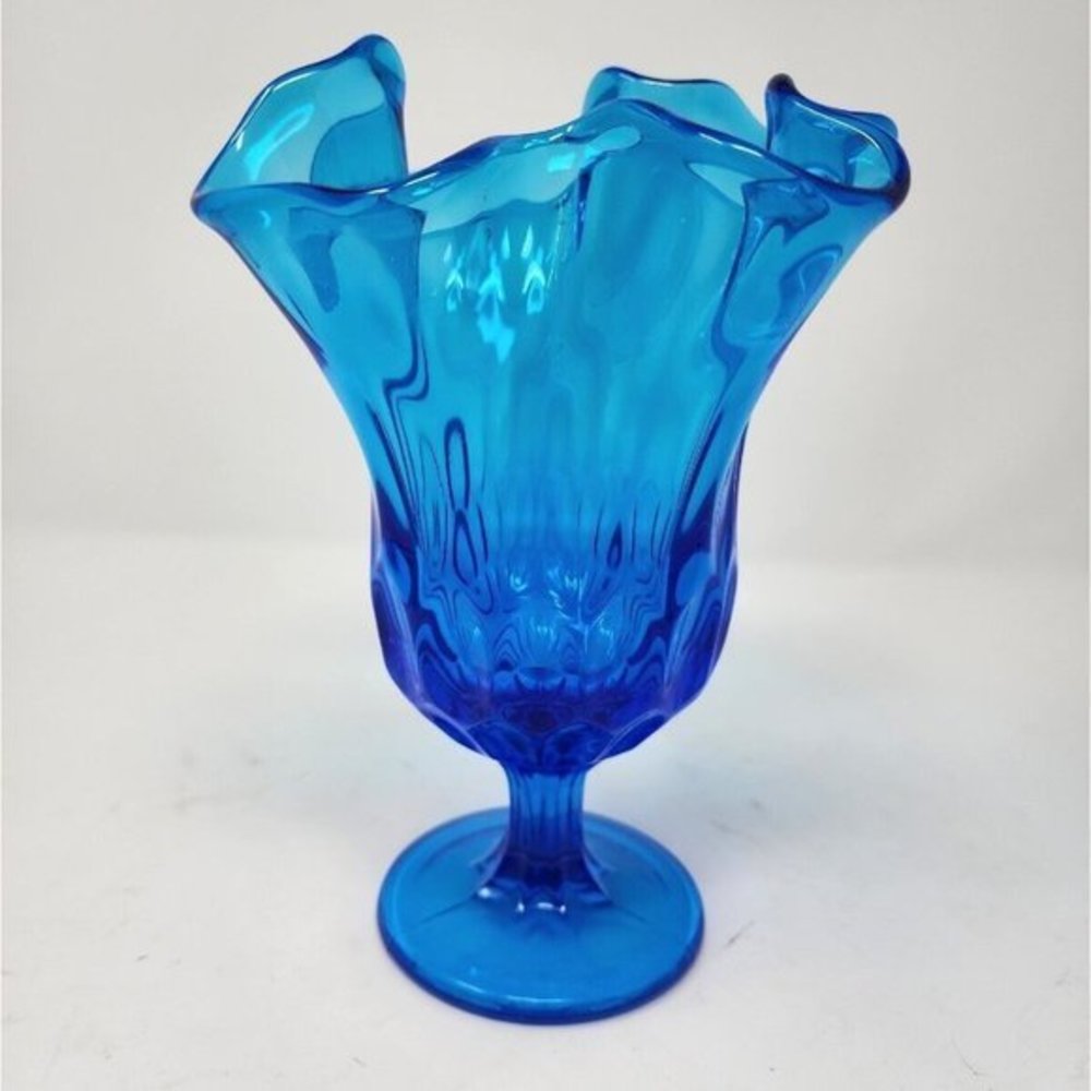 Vtg‎ Fenton Swung Stretch Handkerchief Pedestal Thumb Print Colonial Blue Vase - Picture 11 of 12